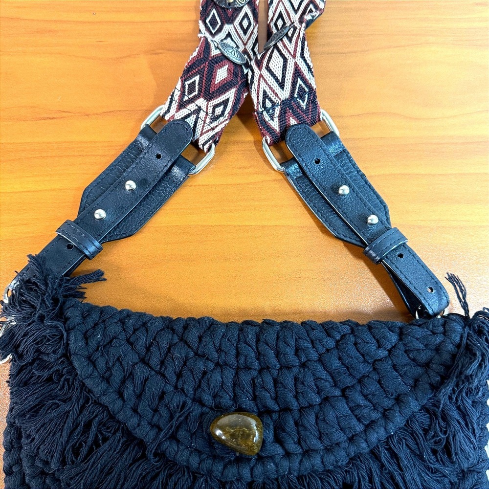 Free People Black Macrame Fringe Crossbody Bag Woven Guitar Strap Stone Detail - Picture 4 of 10